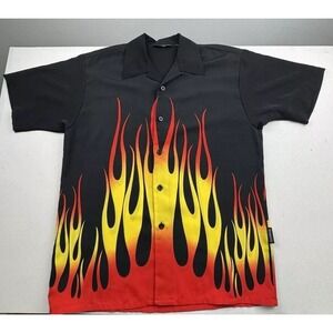 Dragonfly Clothing Company Flame Botton Shirt Mens Medium Black Flames Y2K Biker